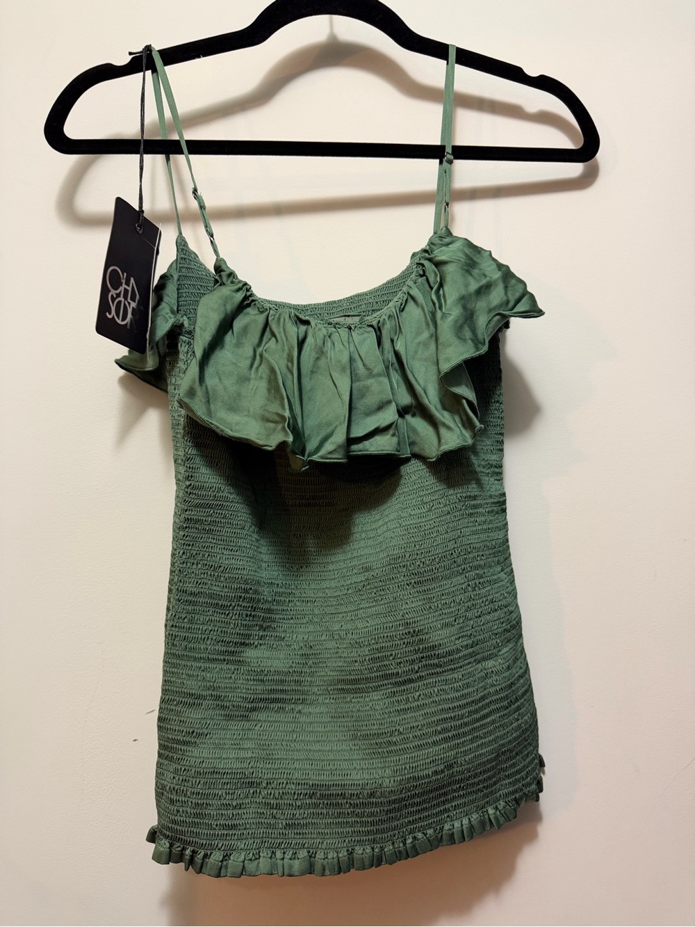 NWT Chaser Smocked Ruffle Cami Top Green Size Large CW7790
